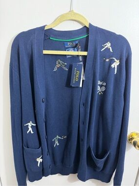 Ralph Lauren Navy Embroidered Tennis Player Cardigan